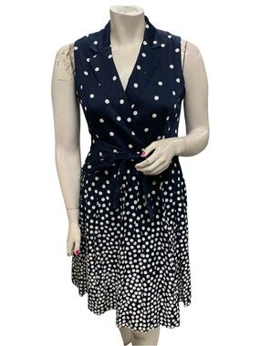 Anne Klein Navy and White Polka Dot Sleeveless Wrap Midi Dress Size L